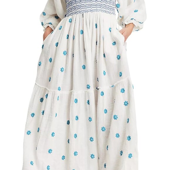 Long Sleeve Cotton Boho Midi Dress Vintage Square Neck Floral Embroidered